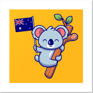 Cute Koala Hanging On Tree And Holding Australian Flag Posters and Art